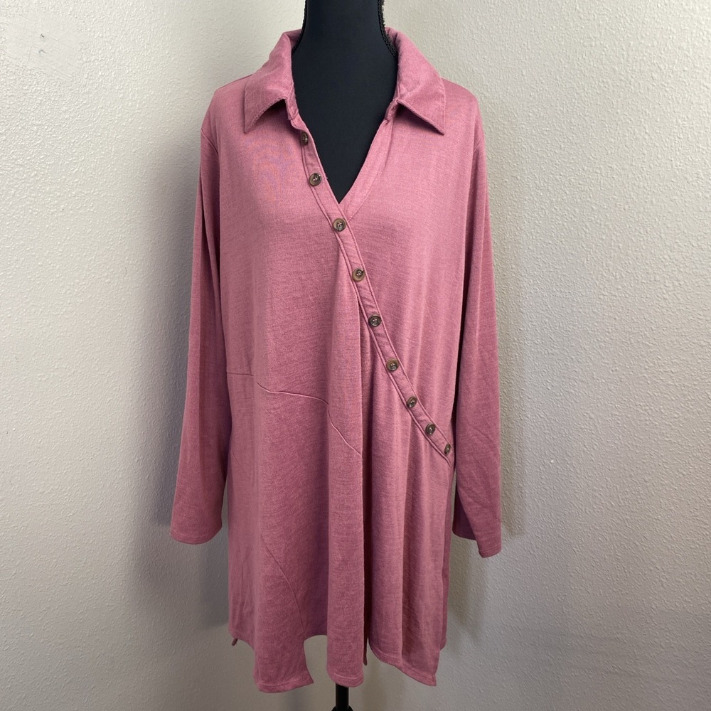 Soft Surroundings Tamara Tunic Women's 2X Pink 3/4 Sleeve Buttons‎ Asymmetrical